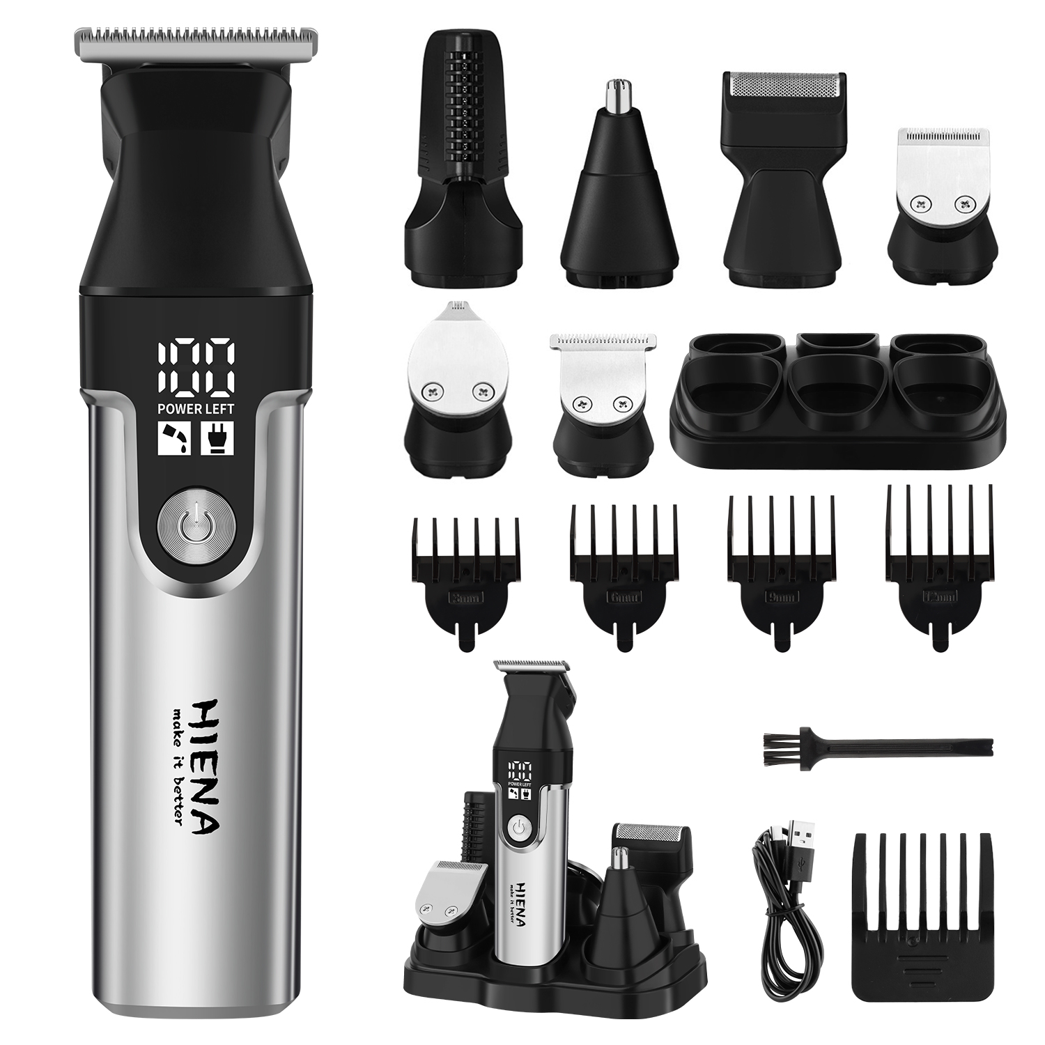 Men'S Grooming Nose And Ear - HIENAプロフェッショナル多機能バリカンセット、R型調整可能刃コードレスバリカン（LEDディスプレイ付き）、耳毛・鼻毛トリマー、6種類のガイドコーム＆トリマーヘッド、男性用グルーミングキット、充電式、USB充電、コードレスヘアカット